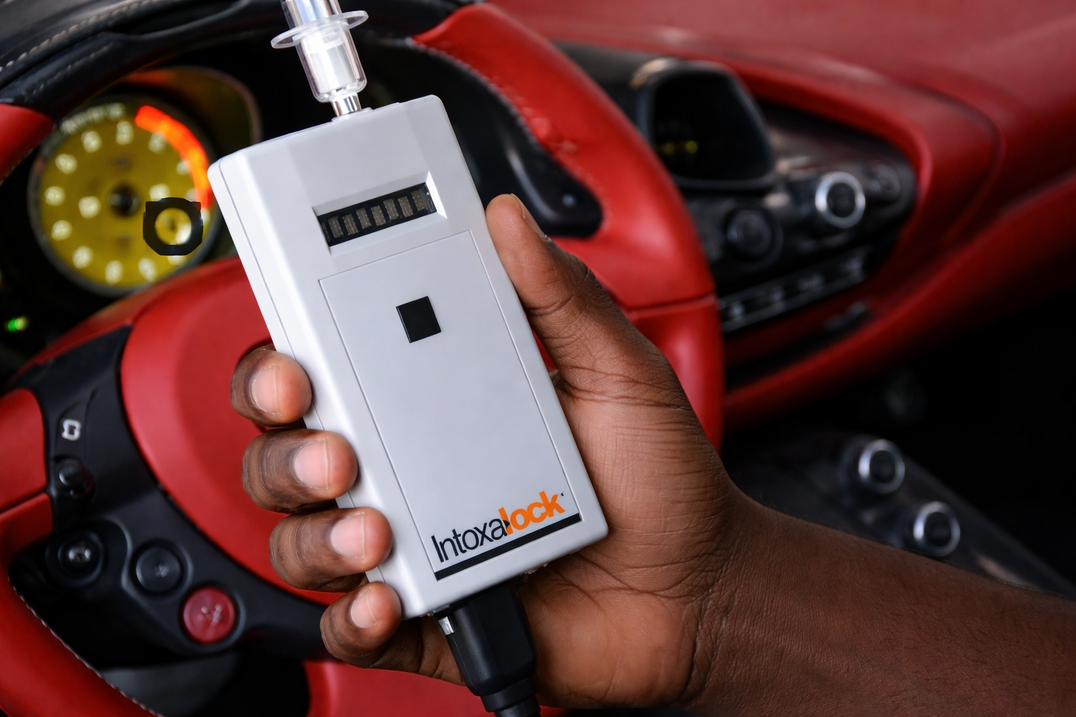 Hand holding Intoxalock in Ferrari interior