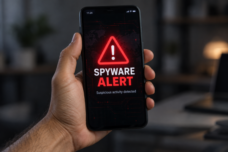Hand holding phone with spyware alert